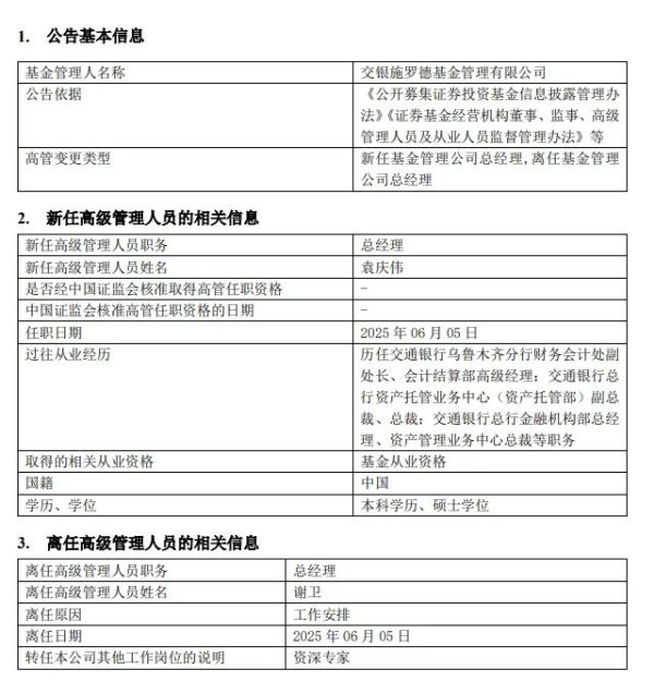闻喜策略 行业元老卸任！交银施罗德基金总经理变更